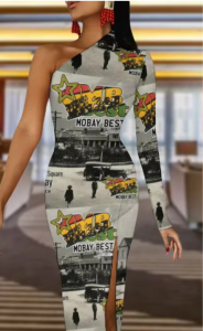 Mobay Best vintage print front split one shoulder dress